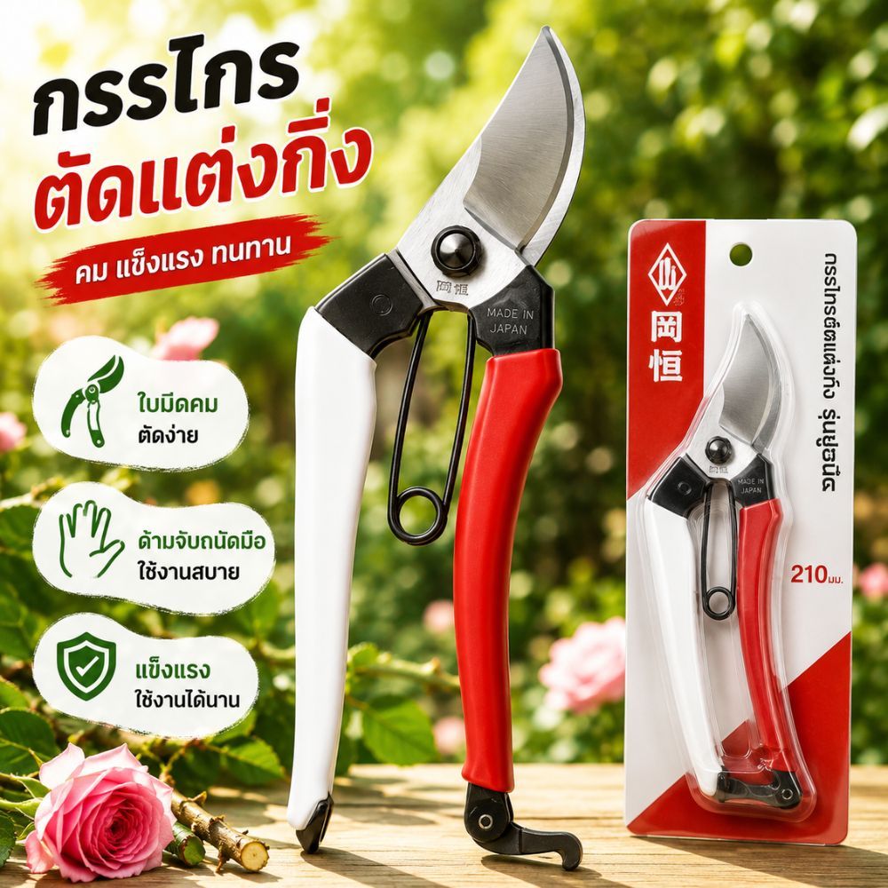 ✂️ OKATSUNE กรรไกรตัดแต่งกิ่ง104 ขนาด 8.25 นิ้ว ขนาดใหญ่พิเศษ  ด้ามสีแดง–ขาว สำหรับงานดูแลสวน ❤️
