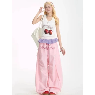 [Plaid ruffled wide leg pants]สไตล์กีฬาหวานเทรนด์ลายสก๊อตใบบัวผู้หญิงสบาย ๆ กางเกงขากว้าง