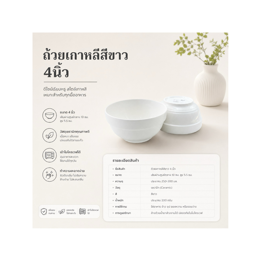 ถ้วยเกาหลีเซรามิกสีขาว มีขอบ ดีไซน์เรียบหรู สไตล์เกาหลี ทนความร้อน ใช้กับไมโครเวฟและเครื่องล้างจานได้