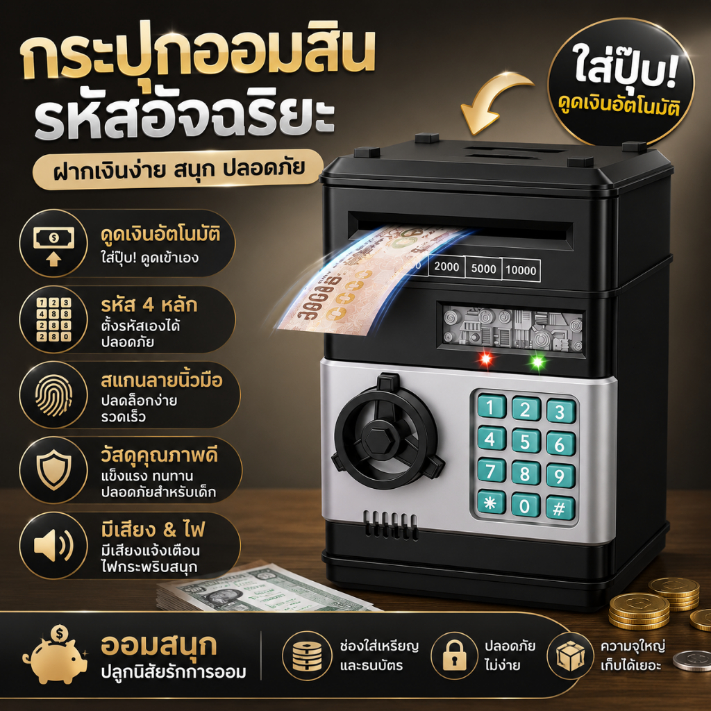 กระปุกออมสินเด็ก ดีไซน์ตู้เซฟ ตั้งรหัสผ่านได้ ทำจากวัสดุรักษาสิ่งแวดล้อม มีระบบดูดเงินอัตโนมัติ