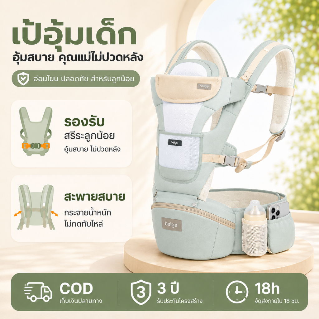 Beige เป้อุ้มเด็ก ที่เก็บได้ สะดวกต่อการพกพา ประหยัดแรงและปกป้องเอว เหมาะสําหรับช่วง 0-36 เดือน