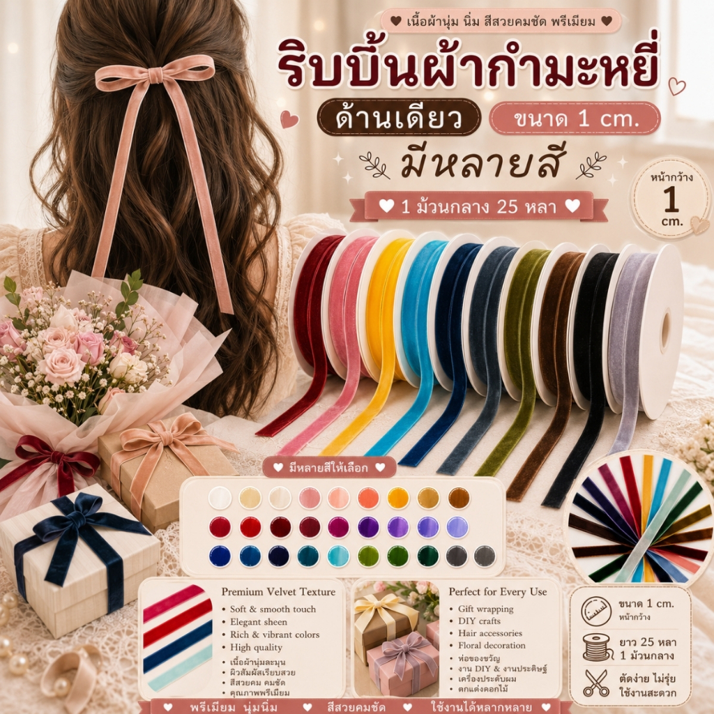 1 ม้วนกลาง【25 หลา】* ขนาด 1 cm. ริบบิ้นผ้ากำมะหยี่ด้านเดียว ผูกของขวัญวันเกิด งานตกแต่งต่างๆ [RBR-0079-10mm-25Y]