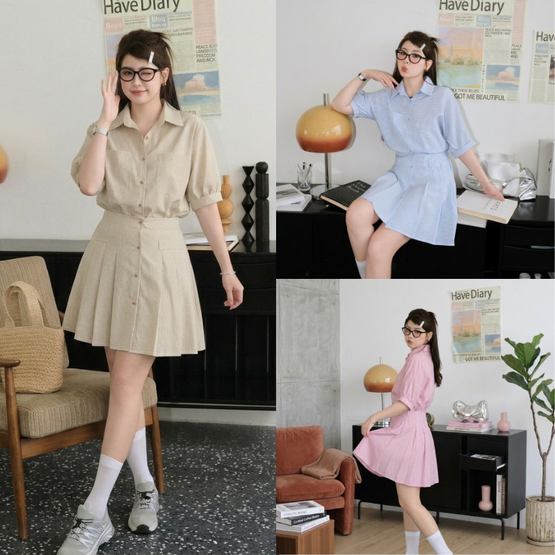 【New】 ชุดเดรสผู้หญิง ชุดเดรสคอโปโล เดรสสาวอวบ ลายทาง แขนพับ กระโปรงสั้น ดีไซน์จับจีบเข้ารูป ผ้าบาเบาใส่สบาย เดรส Dress