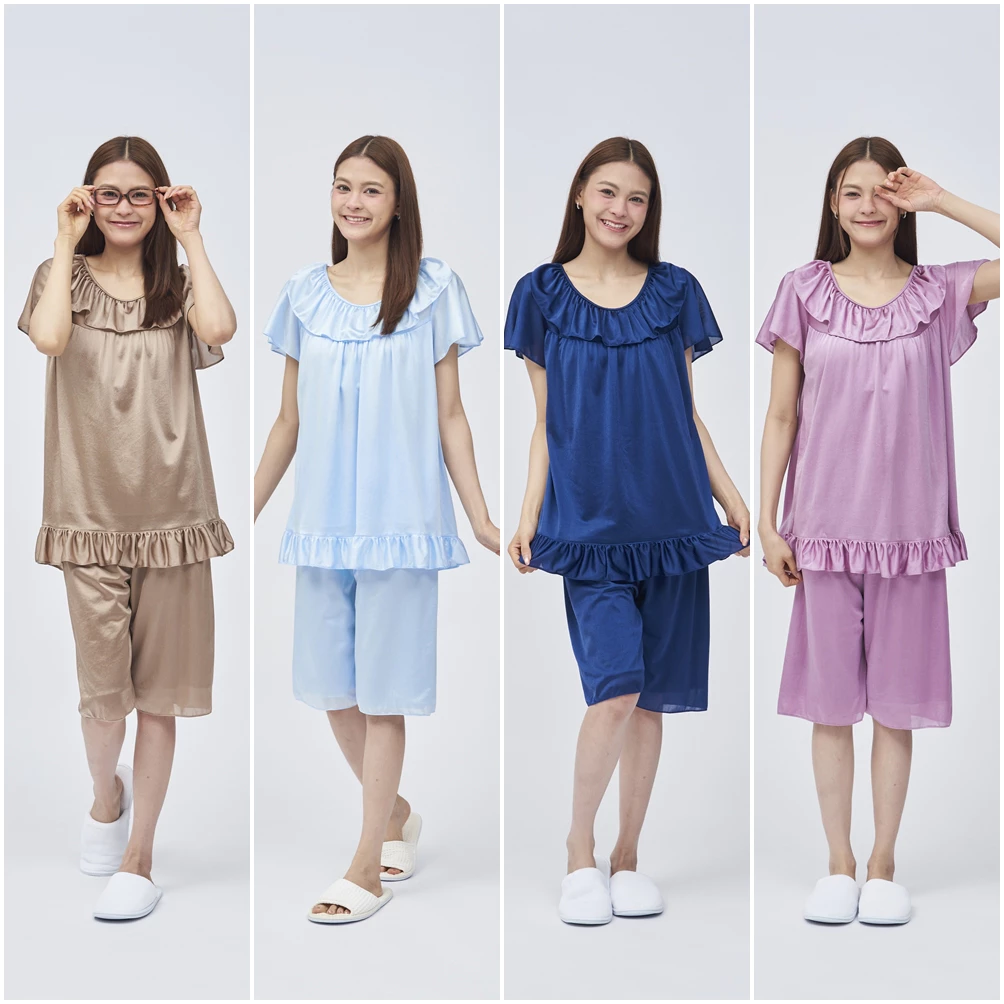 ชุดนอนผ้าลื่นงานไทย เสื้อ+กางเกงสามส่วน(มีซับใน) อก 44-50 นิ้ว