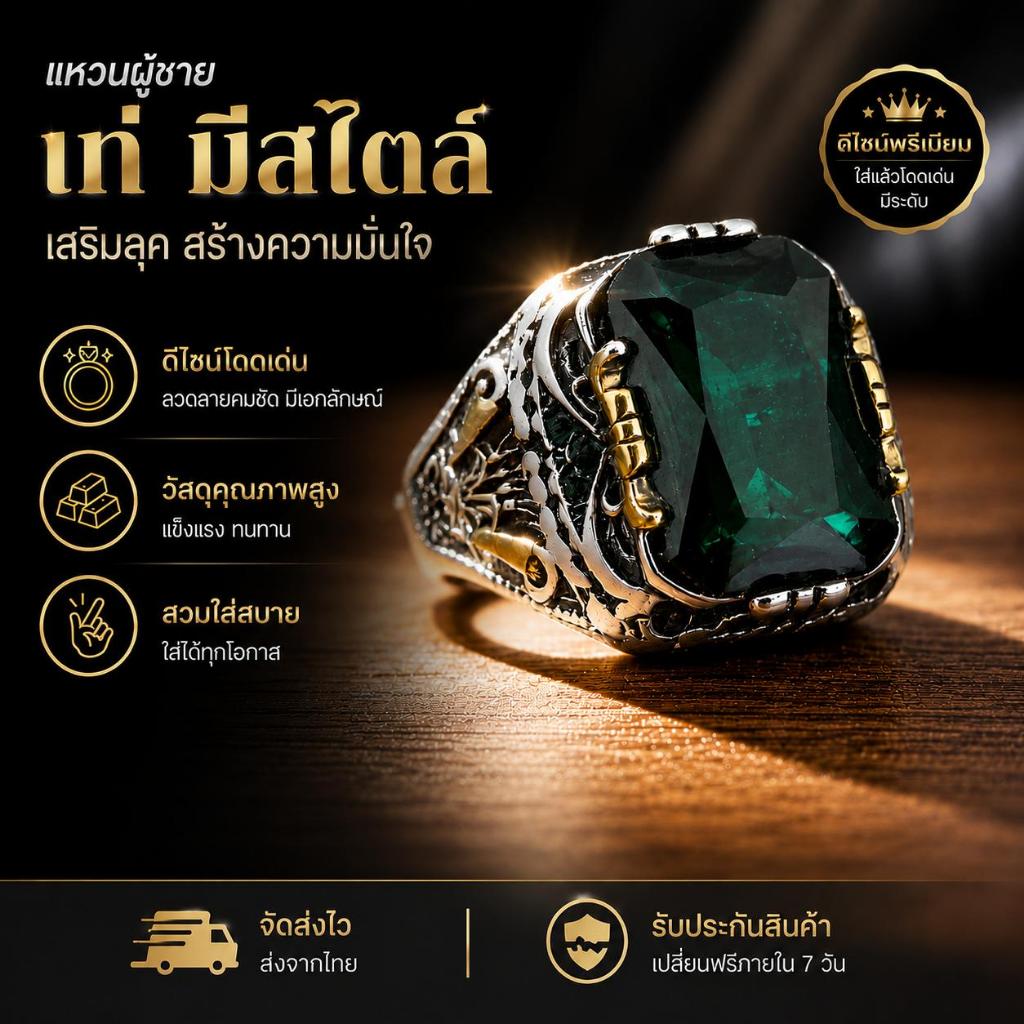 แหวนโมอิสซานสีเขียวสไตล์ไทย ปรับขนาดได้ ขับไล่ภูต เสริมดวง ดึงทรัพย์ สำหรับทั้งชายหญิง