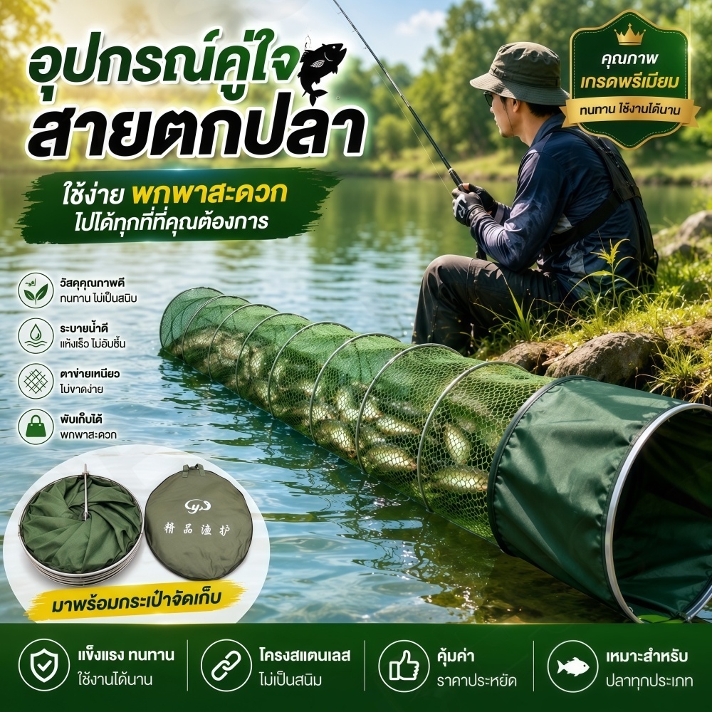 A41-กระชังใส่ปลา 2 เมตร ตาข่ายใส่ปลาสีเขียว ลอบใส่ปลาพับได้ สวิงใส่ปลาไนลอน (33x200cm) อุปกรณ์ตกปลา 🐠สินค้าพร้อมส่ง🐠