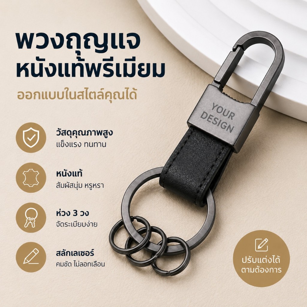 ฟรีสลักข้อความตามต้องการ พวงกุญแจหนังแท้พรีเมียม วัสดุแข็งแรง ดีไซน์หรู ใช้งานสะดวก เหมาะสำหรับใช้เองหรือมอบเป็นของขวัญ