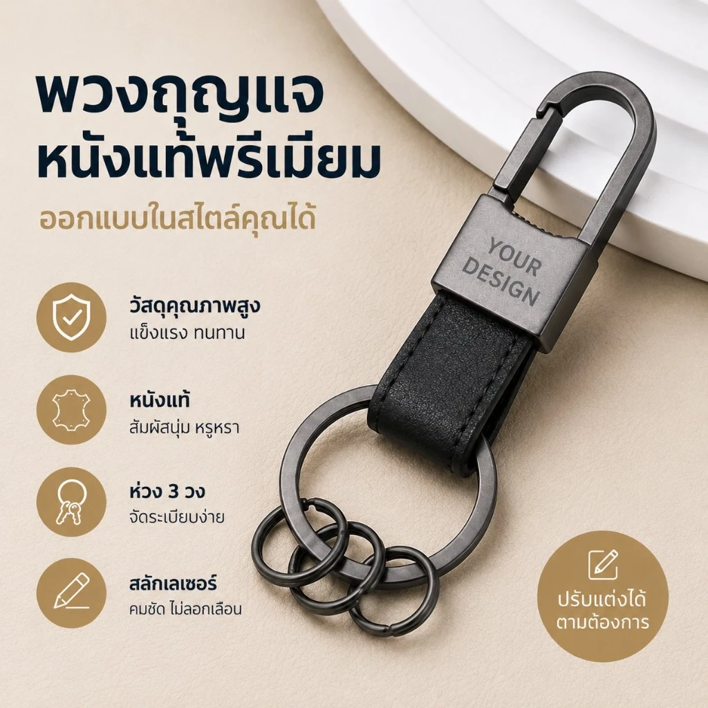 ฟรีสลักข้อความตามต้องการ พวงกุญแจหนังแท้พรีเมียม วัสดุแข็งแรง ดีไซน์หรู ใช้งานสะดวก เหมาะสำหรับใช้เองหรือมอบเป็นของขวัญ