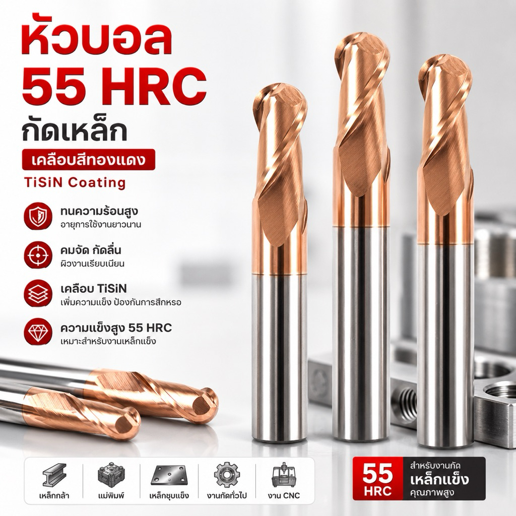 เอ็นมิลคาร์ไบด์ หัวบอล แข็ง 55HRC เคลือบสีทองแดง - Carbide End Mill Ball Nose