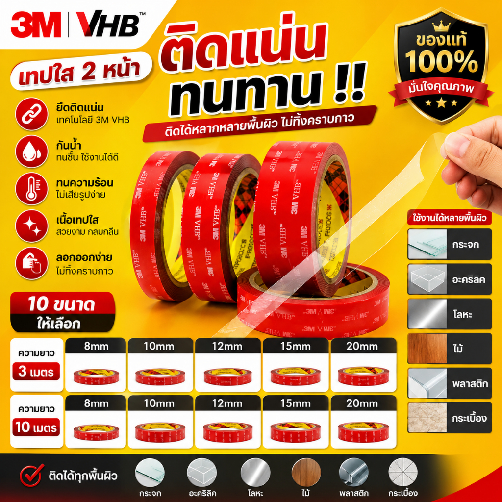 เทปกาว2หน้า3M แรงยึดติดสูง กันนํ้า ติดรถยนต์ ไม่ทิ้งคราบ กาวสองหน้า 3m แร็ง ยึดติด สูง