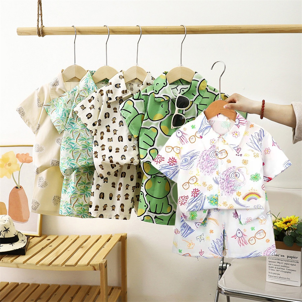 [พร้อมส่งในไทย] ชุดเด็กชาย 2ชิ้น เสื้อเชิ้ตแขนสั้น+กางเกงขาสั้น หลายลายให้เลือก ผ้าเบาๆ ระบายอากาศดี