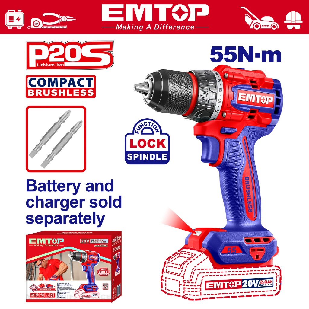 EMTOP สว่านไร้สาย 20V EMTOP มอเตอร์ไร้แปรงถ่าน หัวจับดอกสว่านทำจากเหล็ก รุ่น ECDL205581 และ ECDL205582