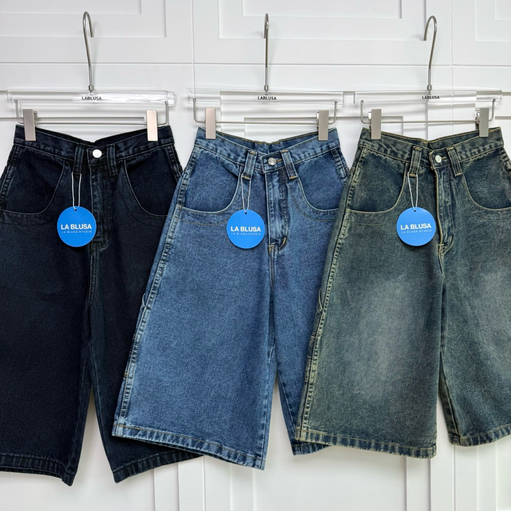 LABLUSA - LBS249 : กางเกงขา5ส่วน ทรงแรป เอวสูง ผ้าไม่ยืด ความยาวคลุมเข่า (Unisex)