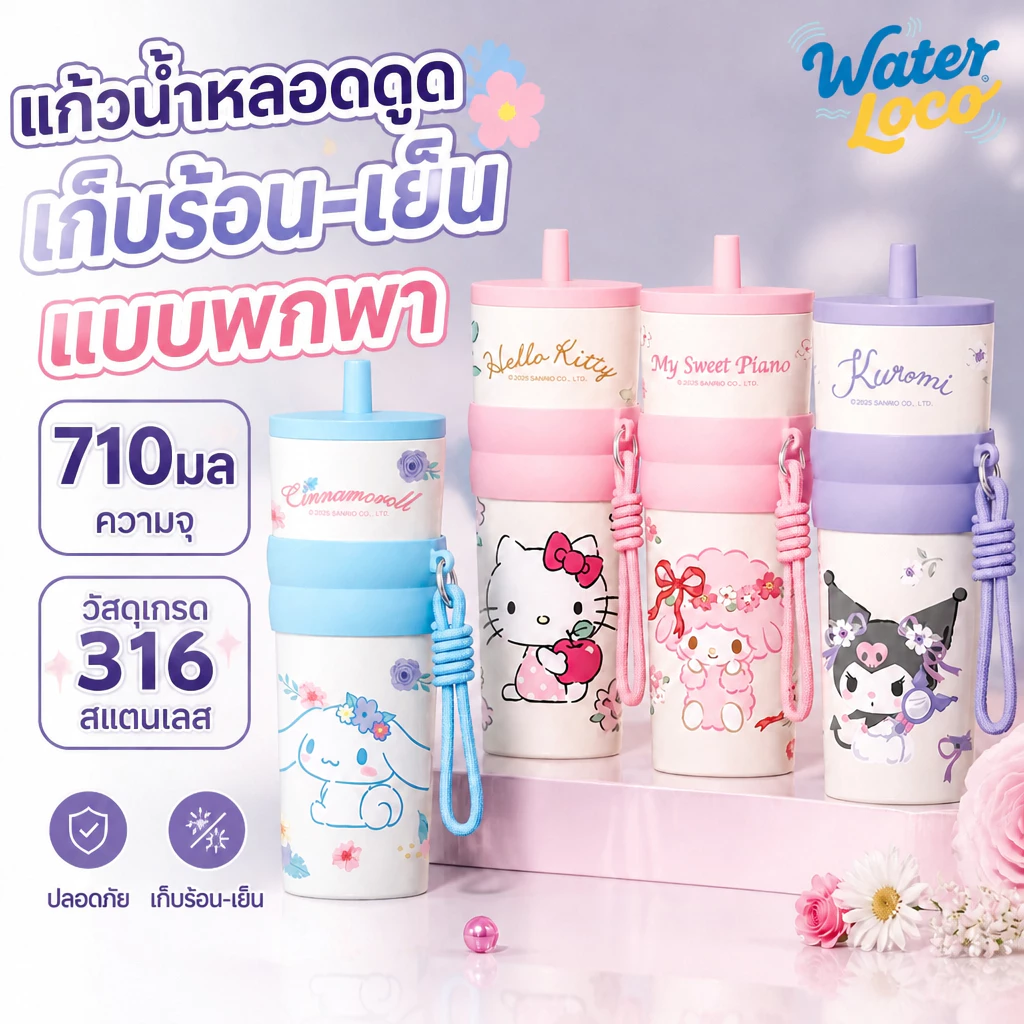 WaterLoco ถ้วยเก็บความร้อน 710มล สแตนเลส 316 รูปแบบการ์ตูน ขวดน้ำติดรถยนต์ พร้อมหลอด