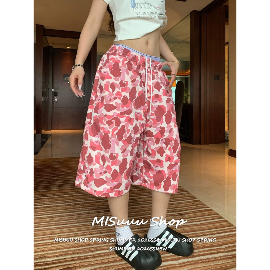 [Misuuu--Camouflage Seven-point Pants]สไตล์วินเทจฤดูร้อนผ่อนคลายกางเกงครึ่งขายาวลายพรางสไตล์อเมริกัน