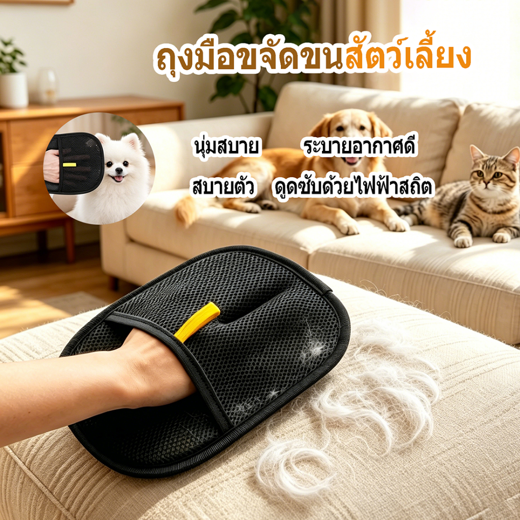 ถุงมือขจัดขนสัตว์เลี้ยง ดูดจับขนด้วยไฟฟ้าสถิต นุ่มอ่อนโยนต่อสัตว์ ใช้ได้หลายสถานการณ์ สำหรับแมวและสุนัข