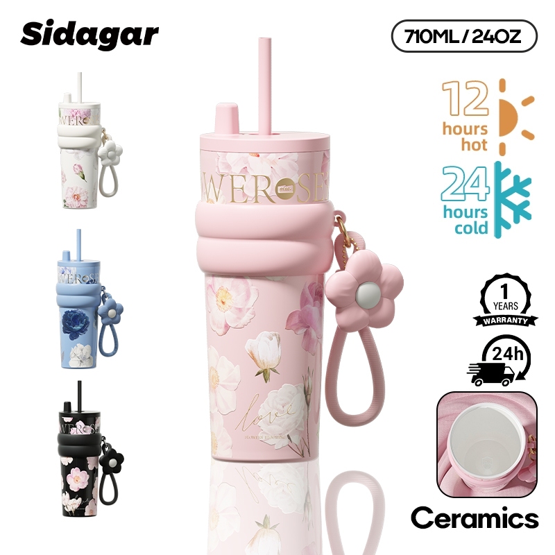 Sidagar แก้วเก็บความเย็น 710ML แก้วน้ำ 710ML ลายดอกไม้ พร้อมหลอด เซรามิก มีสายคล้อง