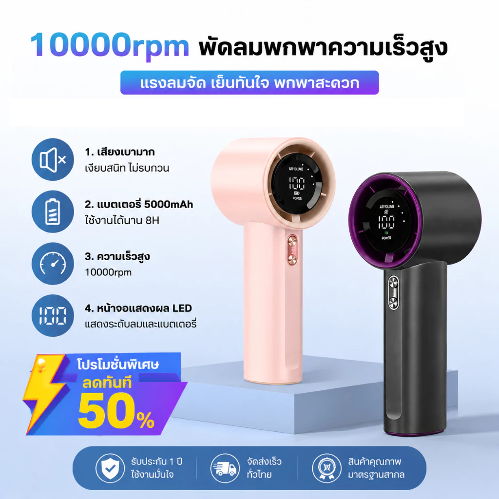 10000rpm พัดลมพกพา พัดลมพกพาชาร์จแบตได้ USB พัดลมมือถือ พัดลมพกพา ไม่มีเสียง สิ่งที่ต้องมีในหน้าร้อน พัดลมแคมป์ปิ้ง