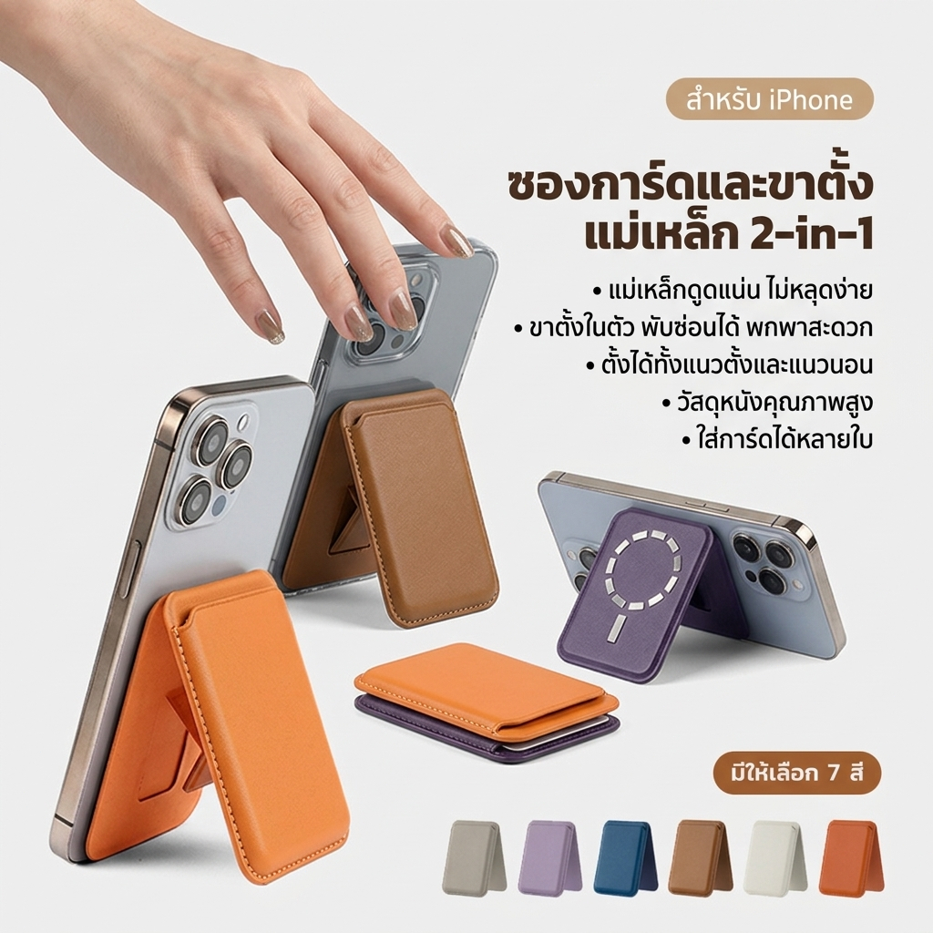 กระเป๋าใส่บัตร Magsafe มีขาตั้งในตัว ซองใส่บัตรหนังสำหรับ iPhone 16 15 14 13 Pro Max แม่เหล็กดูดแน่น
