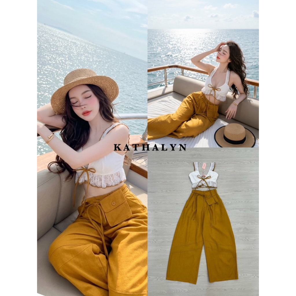 D6 งานป้าย Kathalyn Set ชุดเซ็ท 2 ชิ้น เสื้อ กางเกงขายาว กระเป๋าผูกเอว สำหรับผู้หญิง เสื้อผ้าแฟชั่นผู้หญิง ไซส์ S-L