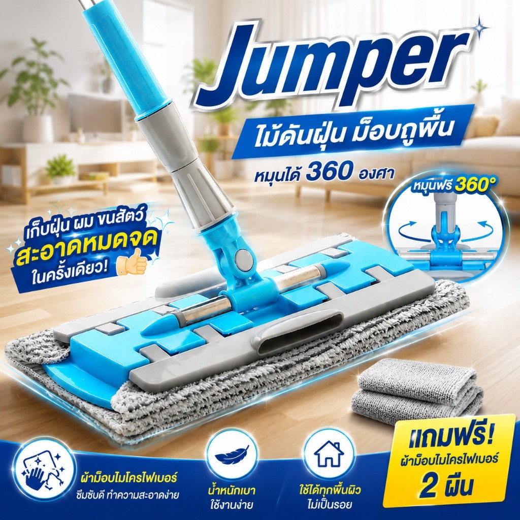 Jumper Kids ไม้ดันฝุ่น หมุนได้ 360 องศา พร้อมผ้าม๊อบไมโครไฟเบอร์ 2 ผืน