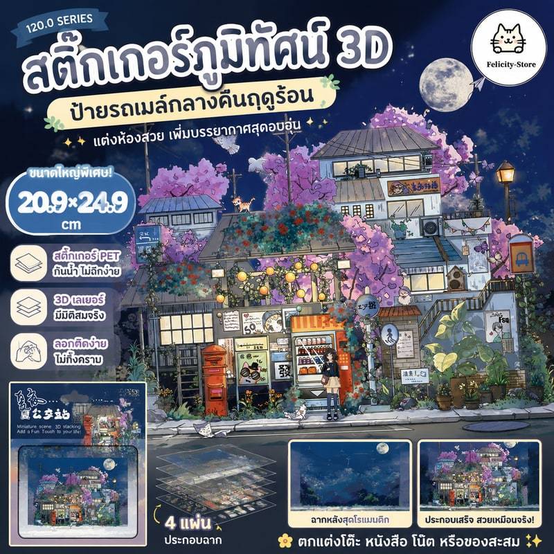 [120.0 Series] สติ๊กเกอร์ภูมิทัศน์ 3d รุ่นขนาดใหญ่สุด-ป้ายรถเมล์กลางคืนฤดูร้อน
