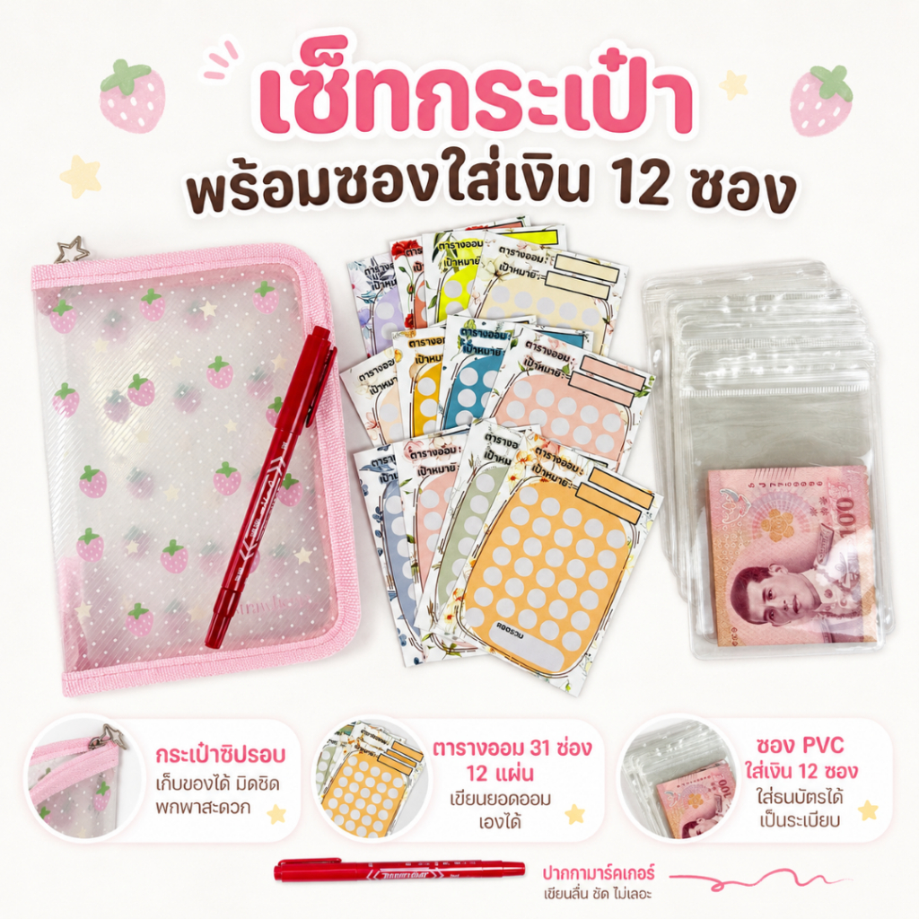 เซ็ทกระเป๋าเก็บเงิน พร้อมซองใส่เงิน 12 ซอง | ตารางออม 31 ช่อง | กระเป๋าซิปรอบ A6 | ซอง PVC ใส่ธนบัตร
