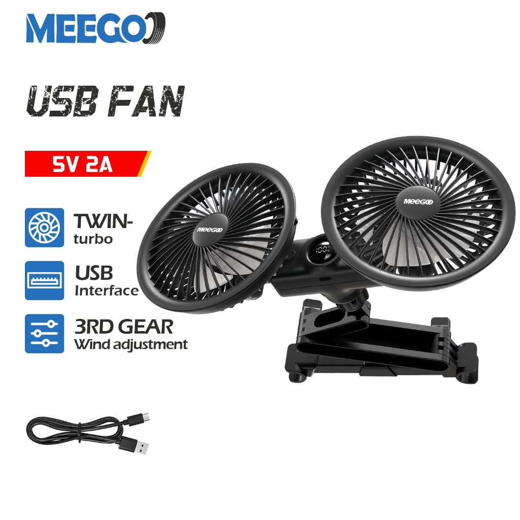 MeeGoo พัดลมระบายความร้อนเบาะหลังรถยนต์ ชาร์จ USB ระบายอากาศ พัดลมหัวคู่ พนักพิงศีรษะ 145MM