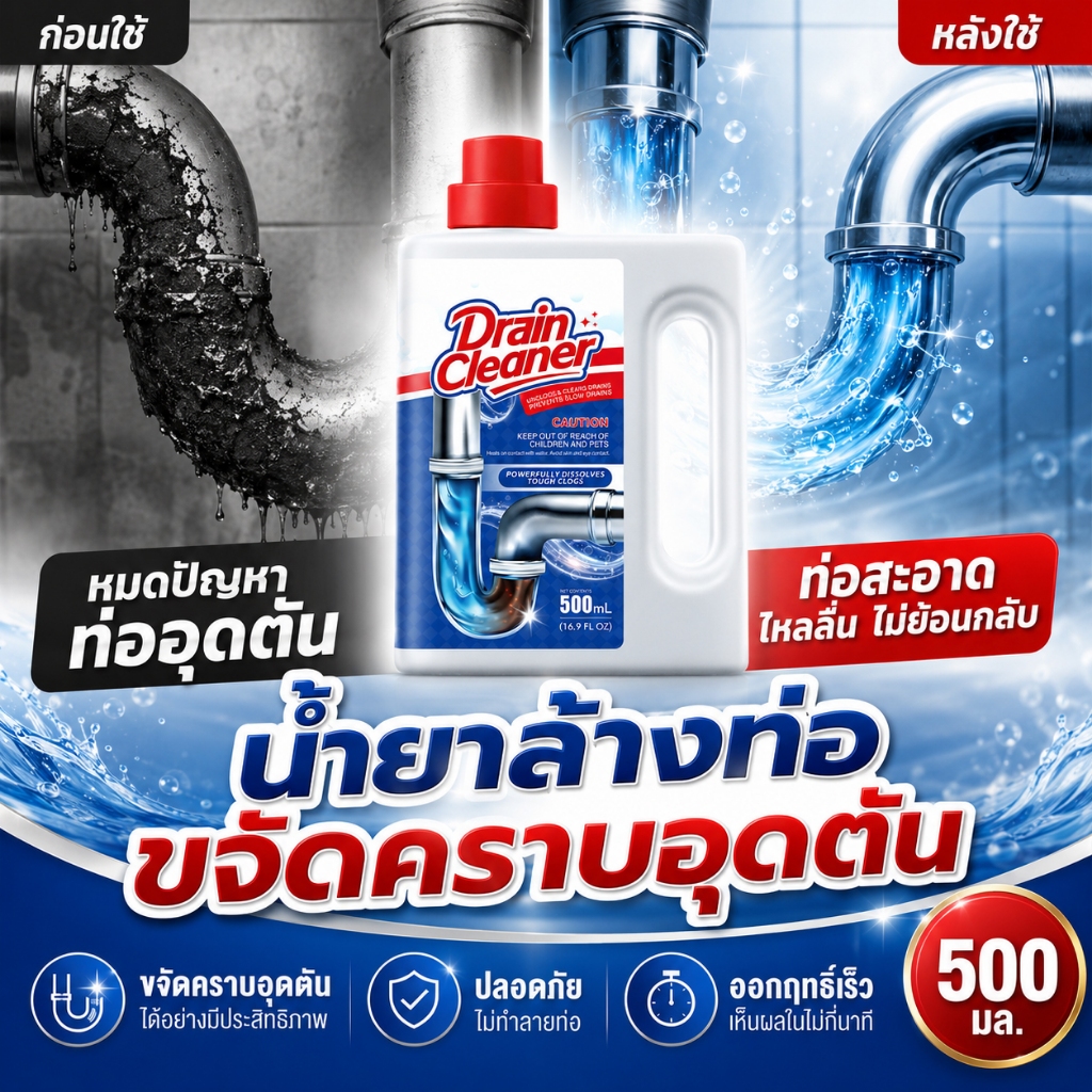น้ำยาล้างท่อตัน 500g ผงสลายท่อตัน ผงระเบิดท่อตัน แก้ท่อตัน น้ำไม่ลง สลายไขมันและสิ่งอุดตันต่างๆ สูตรเข้มข้นสลายแรง