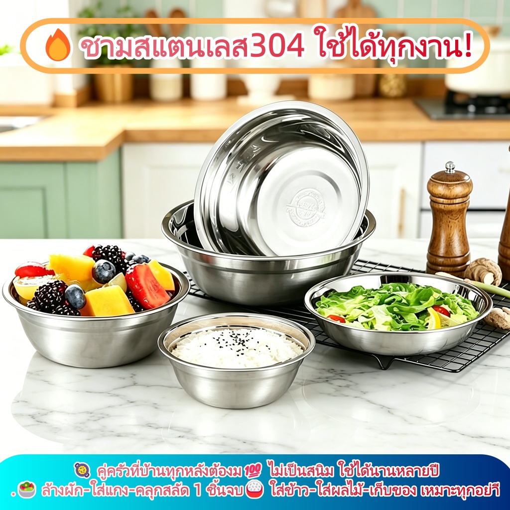 ชามสแตนเลสเกรดอาหาร ทนทานไม่เป็นสนิม ใช้ในครัวเรือนได้หลากหลาย
