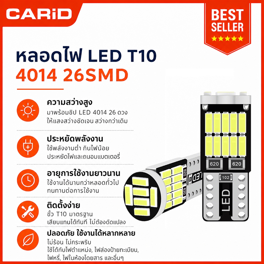 CARiD 1PCS  ไฟส่องป้ายทะเบียน T10/W5W LED 4014CHIPS 26SMD มีหลายสีให้เลือก DC 12V