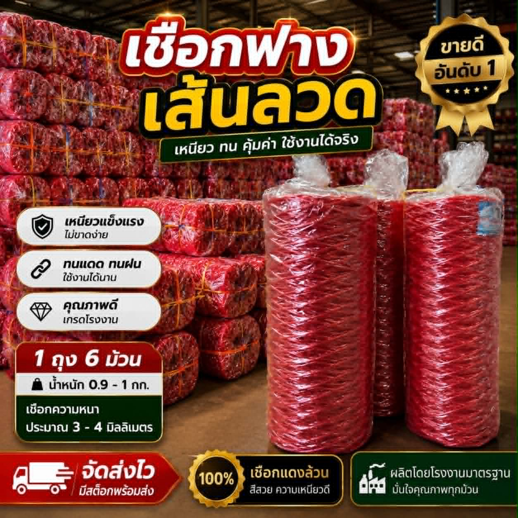 (ยกถุง 6 ม้วน) เชือกฟาง เชือกลวด เชือกฟางเส้นลวด สีแดงล้วน 0.9 - 1 กก