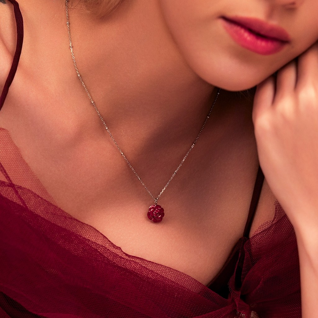 Vachana - Sterling Silver 925 Red Peony Necklace (สร้อยคอเงินแท้ 92.5% ดอกโบตั๋นแดง)