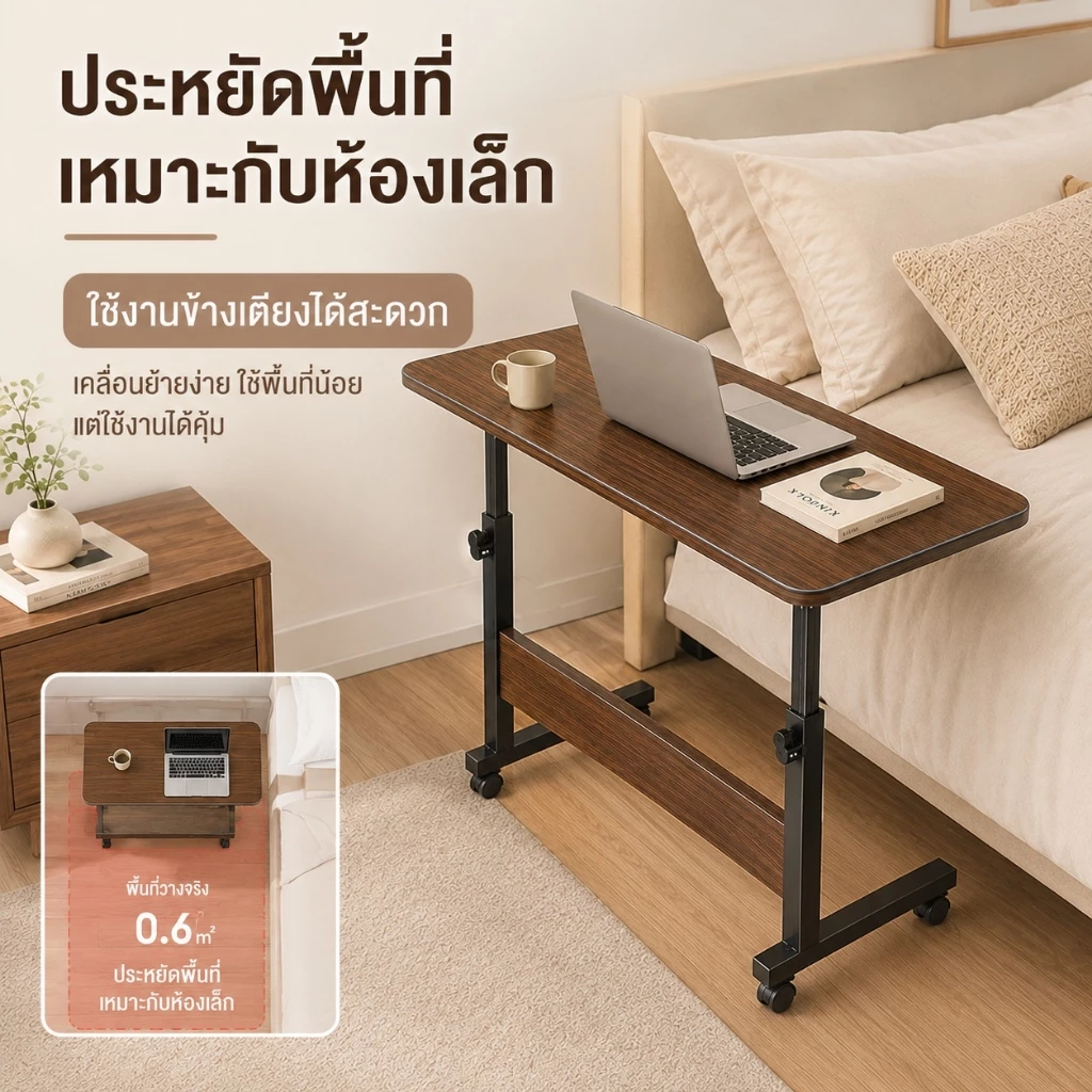 โต๊ะคอมข้างเตียง โต๊ะวางโน้ตบุ๊ก 80x40 ซม. ปรับระดับและเคลื่อนที่ได้ thumbnail 10