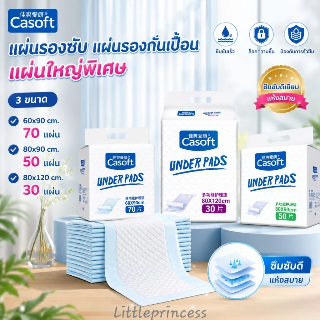 แผ่นรองกันเปื้อน Casoft ผืนใหญ่ พร้อมส่ง แผ่นรองซับ 3 ขนาด 60-120cm.ห่อใหญ่ รองฉี่ กันเปื้อน