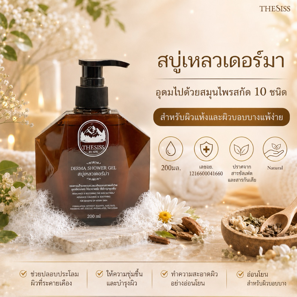 สบู่เหลวเดอร์มา ลดคันระคายเคือง+บวมแดง DERMA SHOWER GEL เพิ่มความชุ่มชื่น เหมาะสำหรับผิวบอบบาง ผิวแห้ง แพ้ง่าย