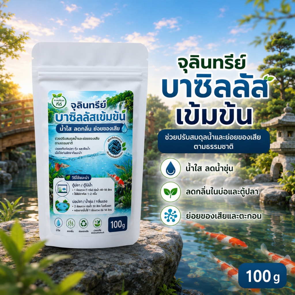 จุลินทรีย์บาซิลัสเข้มข้น 100 กรัม ตู้ปลา บ่อปลา น้ำใส ลดกลิ่น ย่อยขี้ปลา ลดแอมโมเนีย ตู้ไม้น้ำ
