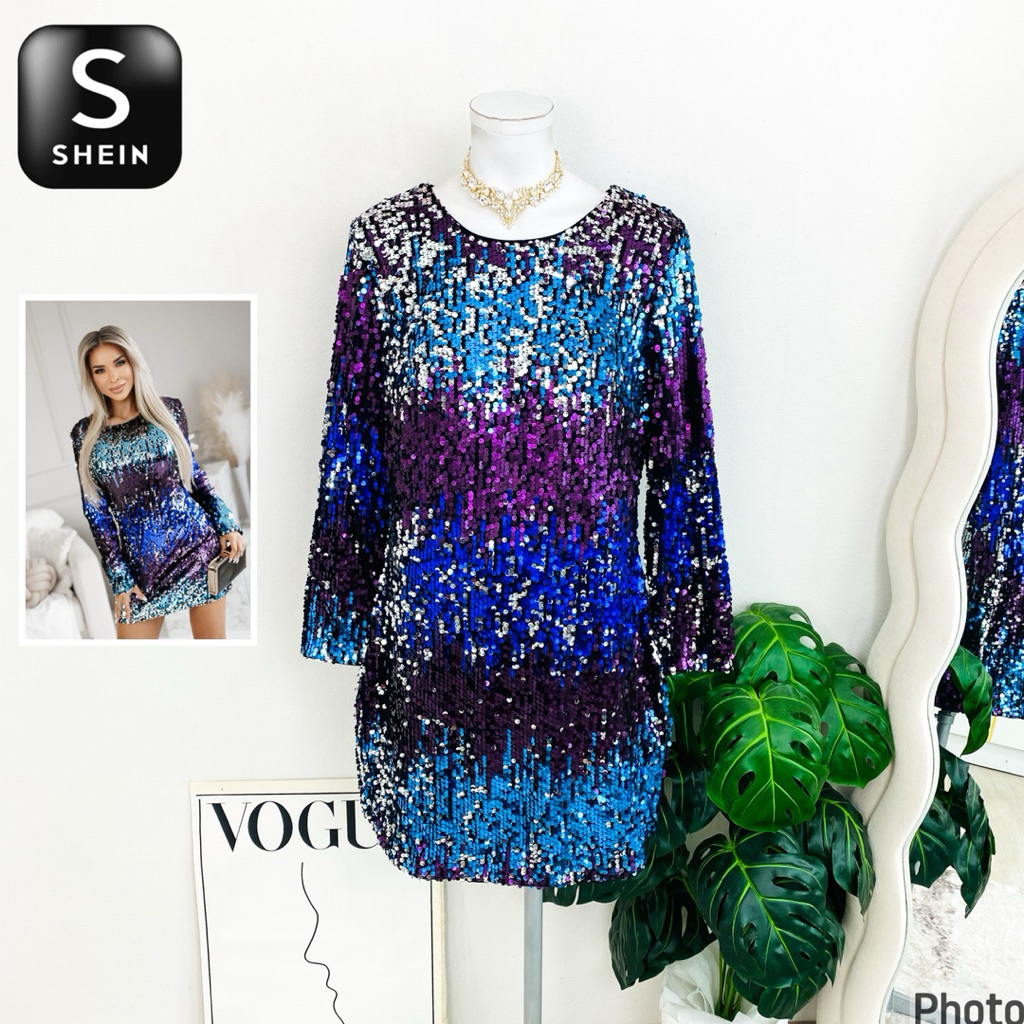 ไซด์ XL-XXL แบรนด์ Shein แท้ 100% เดรส พลัสไซด์ งานเกล็ดวิบวับ ไล่เฉดสี ใส่ออกงาน ทรงเข้ารูป เดรสออกงาน ชุดปาร์ตี้1