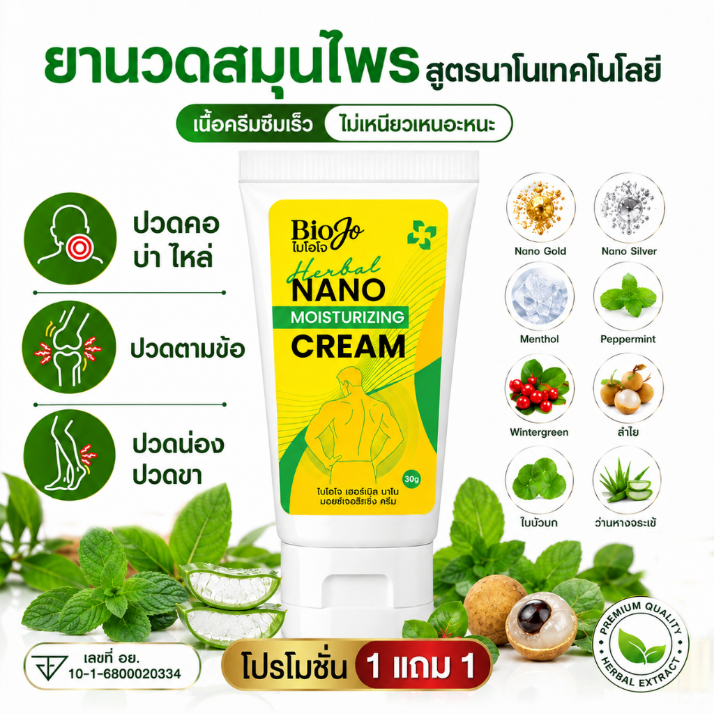 BIOJO ไบโอโจ ยาครีมนวดบรรเทาปวด ปวดต้นคอ เส้นตึง เส้นยึด นิ้วล็อค เนื้อครีมซึมไว {1 แถม 1}