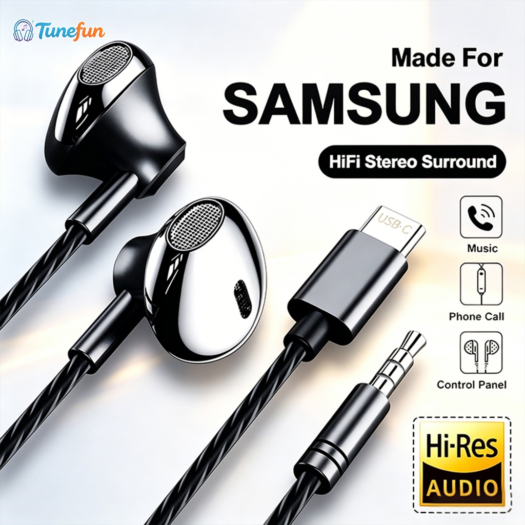 9D สำหรับ type-C ทั้งหมด USB wired earphones หูฟังไฮไฟเบสสเตอริโอควบคุมระดับเสียงไมค์มิลลิเมตรส Samsung galaxy S24 23