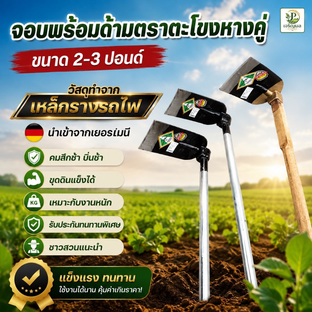 จอบพร้อมด้าม จอมขุดดิน จอบด้ามเหล็ก จอบเหล็กกล้า100%