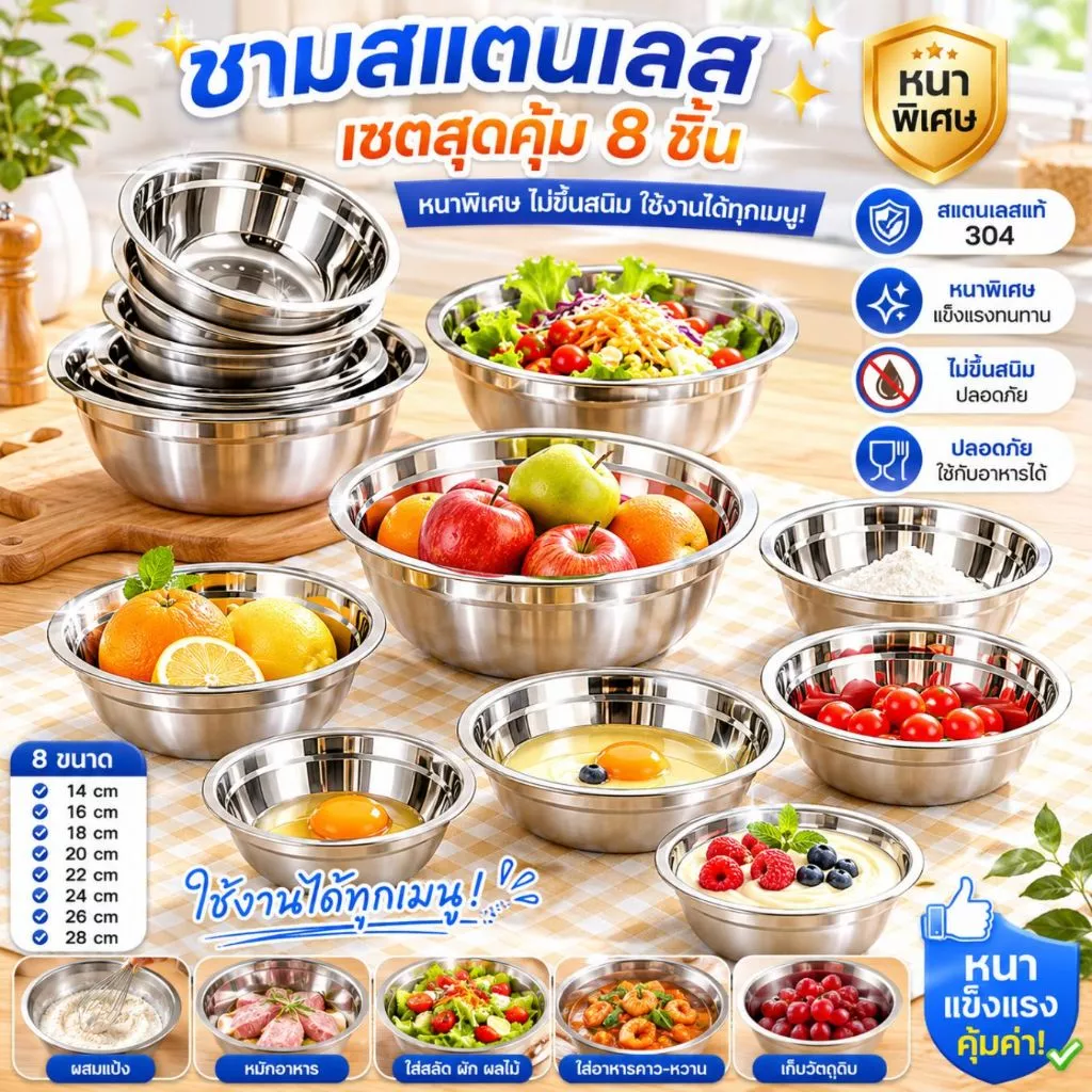 ส่งฟรี ชามสแตนเลส เซตสุดคุ้ม 8 ชิ้น ชามหนาพิเศษ ไม่ขึ้นสนิม ใช้งานได้ทุกเมนู ชามผสมแป้ง ขนาด 14-28cm