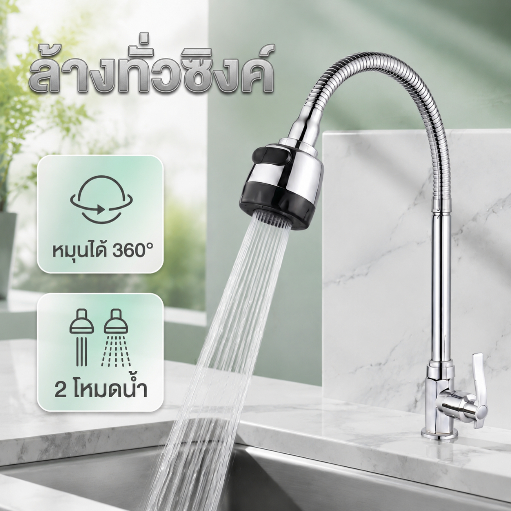 ก๊อกน้ำเย็นเดี่ยว ก๊อกน้ำห้องครัว สำหรับอ่างล้างหน้า/อ่างล้างจาน/ซิงค์ล้างจาน หมุนได้ 360°