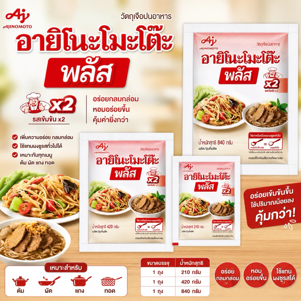 อายิโนะโมะโต๊ะ (พลัส) ผงชูรสแท้ ขนาด 840g 420g 210g /ซอง Ajinomoto วัตถุดิบ, เครื่องปรุงรส, ผงปรุงรส