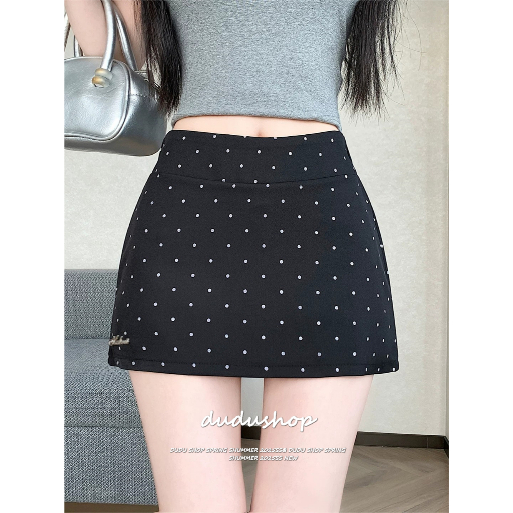 [Polka dot printed skirt pants with zipper]เกาหลีรุ่นวินเทจผู้หญิงคลื่นจุดเต็มพิมพ์เทรนด์กางเกงกระโปรง