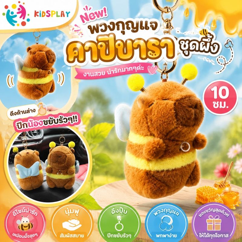 New📣พร้อมส่งนะคะ ♥️พวงกุญแจคาปิบาราชุดผึ้ง​ งานสวย น่ารักมากๆค่ะ รุ่นนี้ดึงด้านล่างแล้ว ปีกน้องขยับรัวๆๆ
