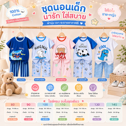 ลายใหม่ !! [ชุดเซ็ทเสื้อผ้าเด็ก] เสื้อแขนสั้น+กางเกงขายาว Size80-140 1เดือน-7ปี ผ้าCotton100% ชุดนอน ชุดเที่ยว