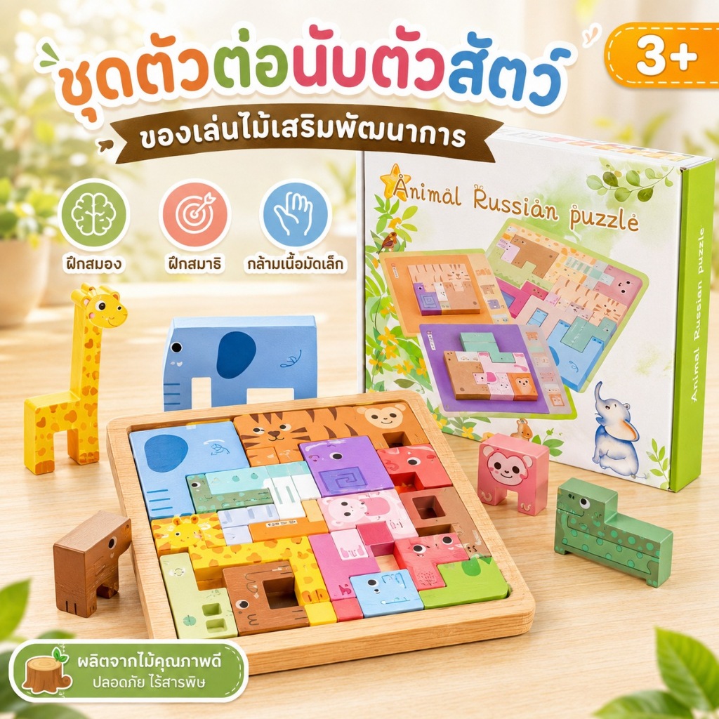KiKi ของเล่นไม้ Montessori จิ๊กซอว์สัตว์ 3D เกมตัวต่อฝึกสมอง เสริมพัฒนาการเด็ก 3 ขวบขึ้นไป พร้อมส่ง