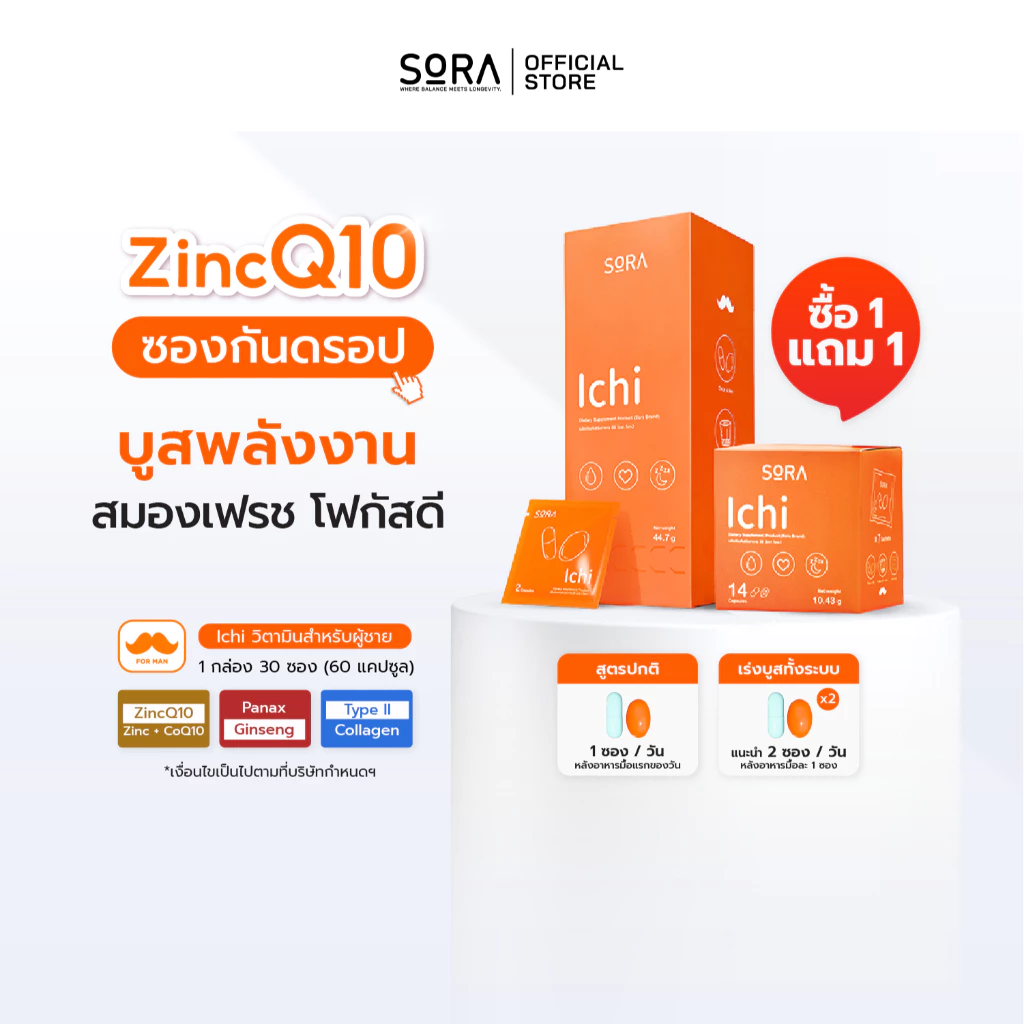 Sora Ichi วิตามินซองกันดรอป 1 แถม 1 l เสริมภูมิ บูสพลังงาน ดูแลสายตา สมอง หัวใจ ผม สำหรับผู้ชาย