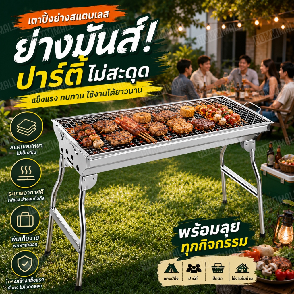เตาปิ้งย่าง สแตนเลส เตาย่างถ่าน BBQ 73*33*70cm เตาสำหรับพกพาง่าย สามารถพับได้
